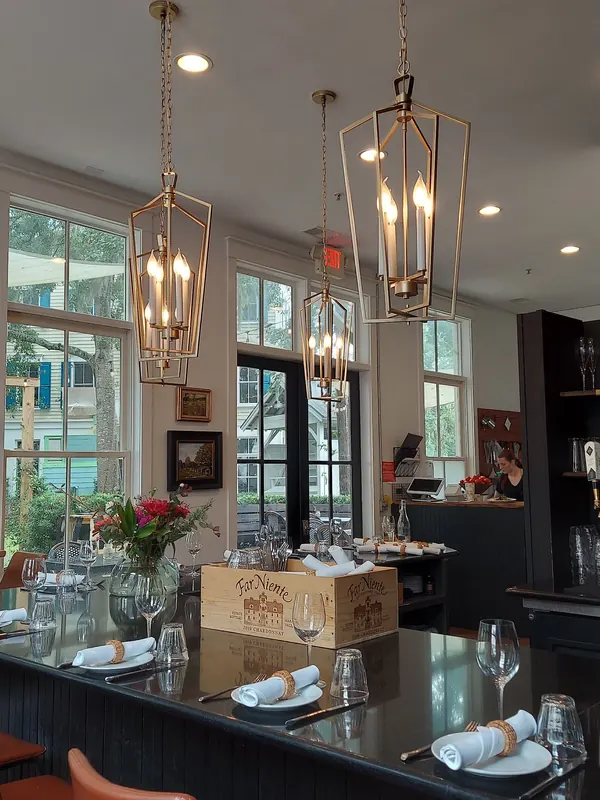 Daylight across the dining room and the bar