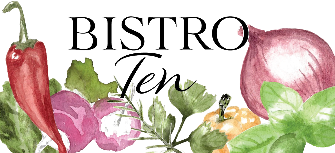 The Bistro Ten mark drawn in watercolour vegetables &mdash; a chilli, radishes, squash, red onion and basil